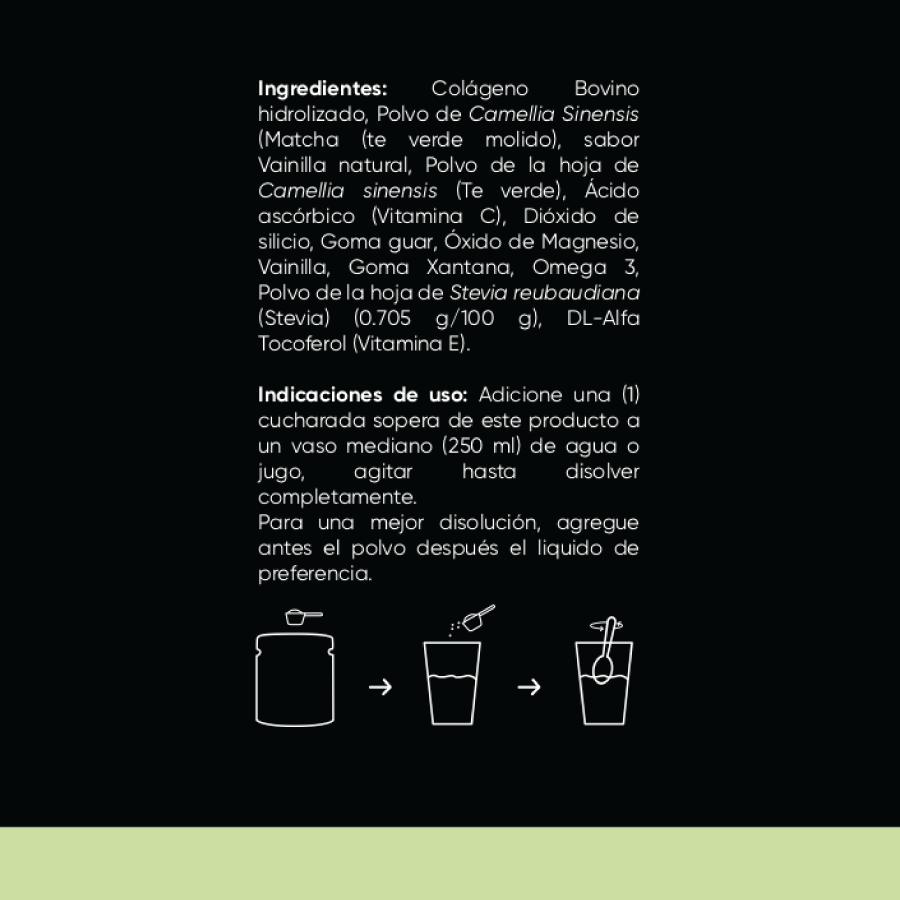 Colágeno Matcha, con Vitamina C & E, Omega 3, Magnesio, 450gr